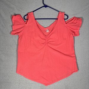 Maria De Guadalajara Top XL Coral Red Gauze Cold Shoulder Handkerchief Lagenlook